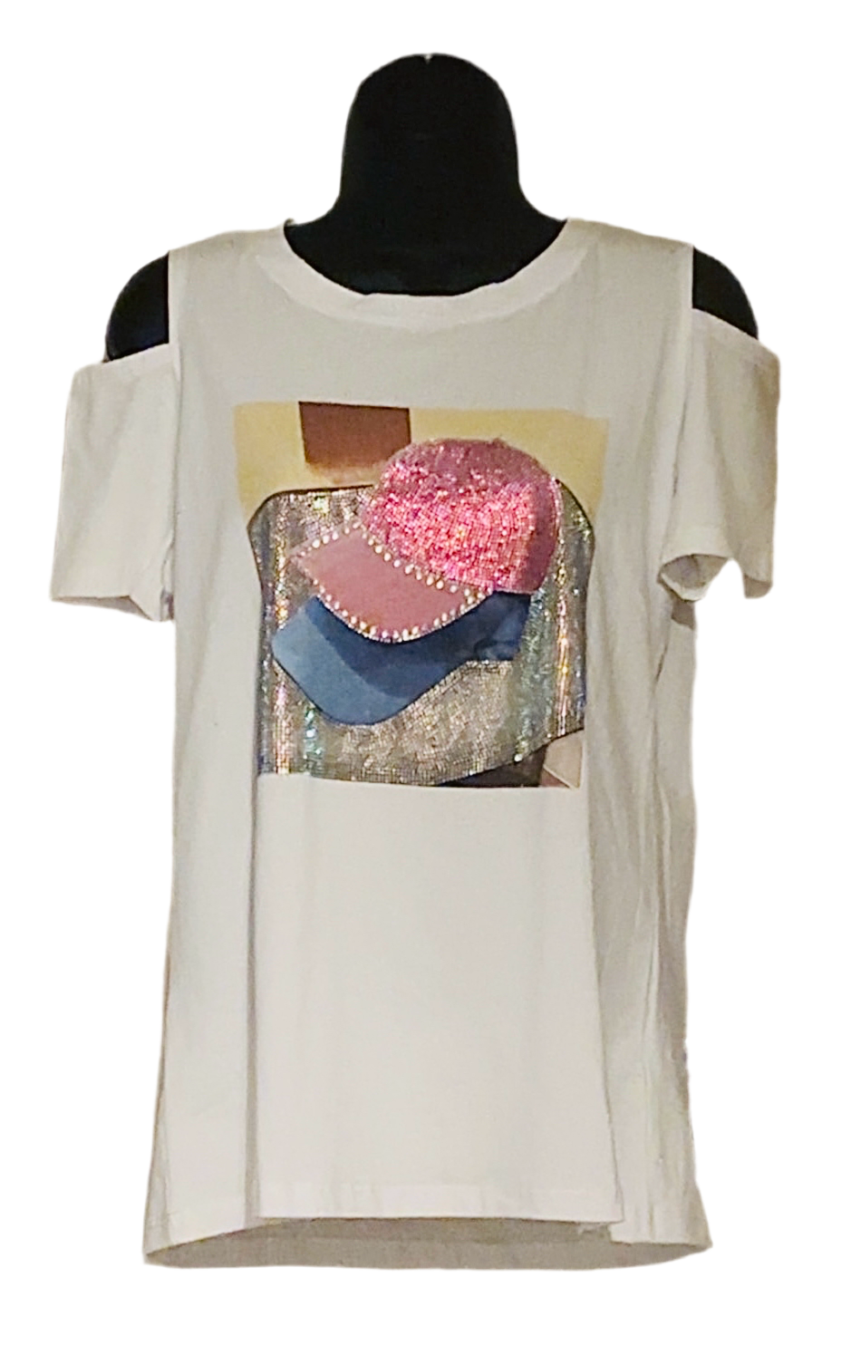T-Shirt Short Sleeve - White with BB Hat Design with Diamante Cut out Shoulders