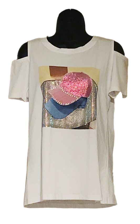 T-Shirt Short Sleeve - White with BB Hat Design with Diamante Cut out Shoulders